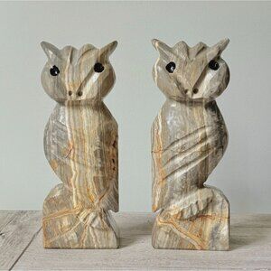 MCM Unique Carved Marble Owl Bookends, Vintage Dark Academia Home Decor Office
